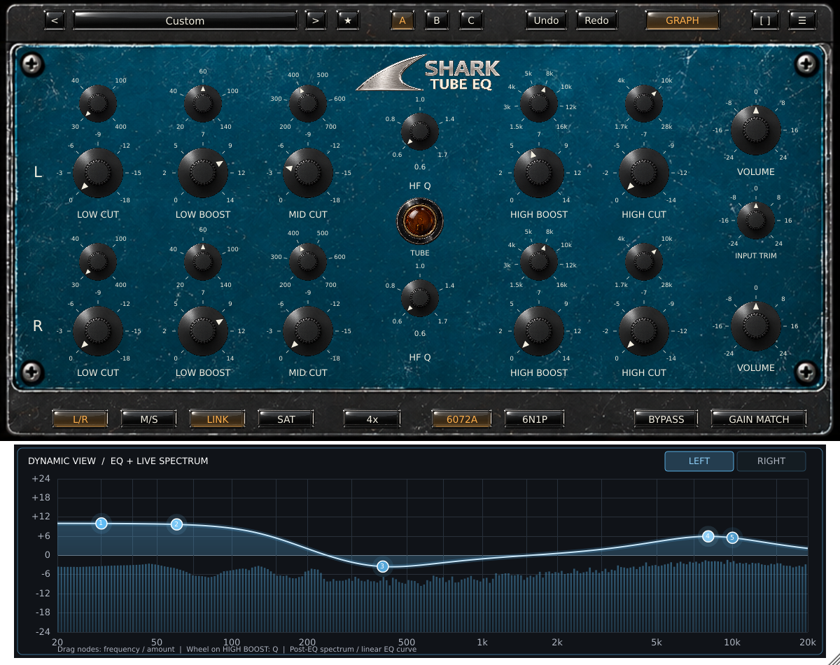 Shark Tube EQ blue theme with matching spectrum