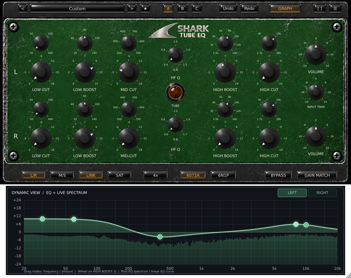 Shark Tube EQ green theme with matching spectrum